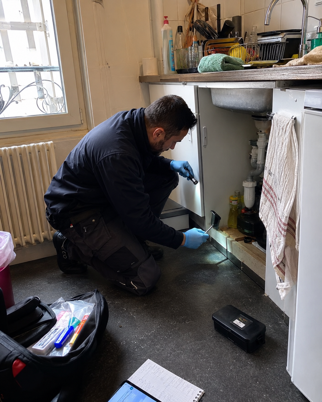 Intervention de dératisation sous un évier à Marseille
